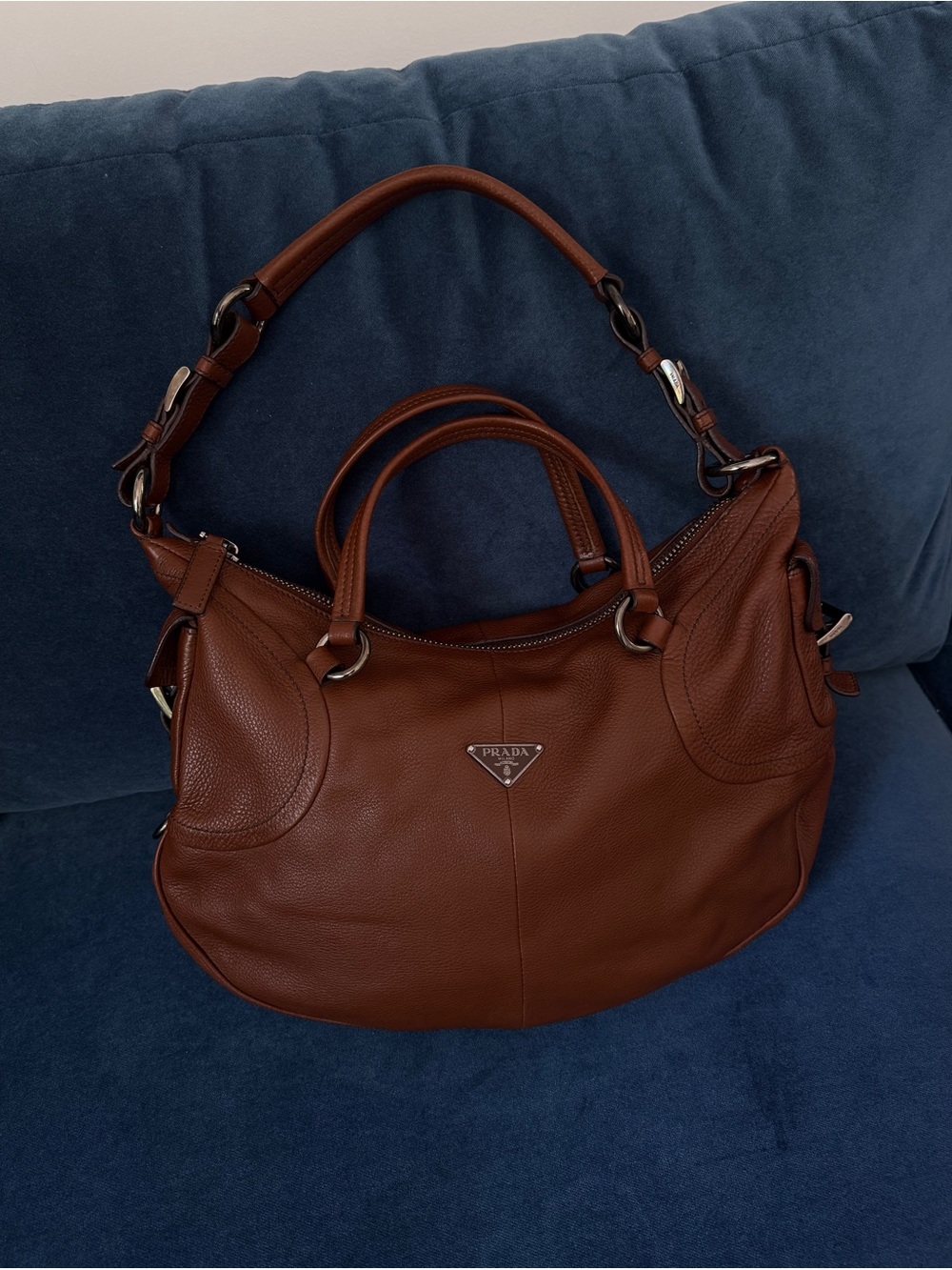 Prada Pebble Leather Dark Brown Hobo Bag - Picture 3 of 13